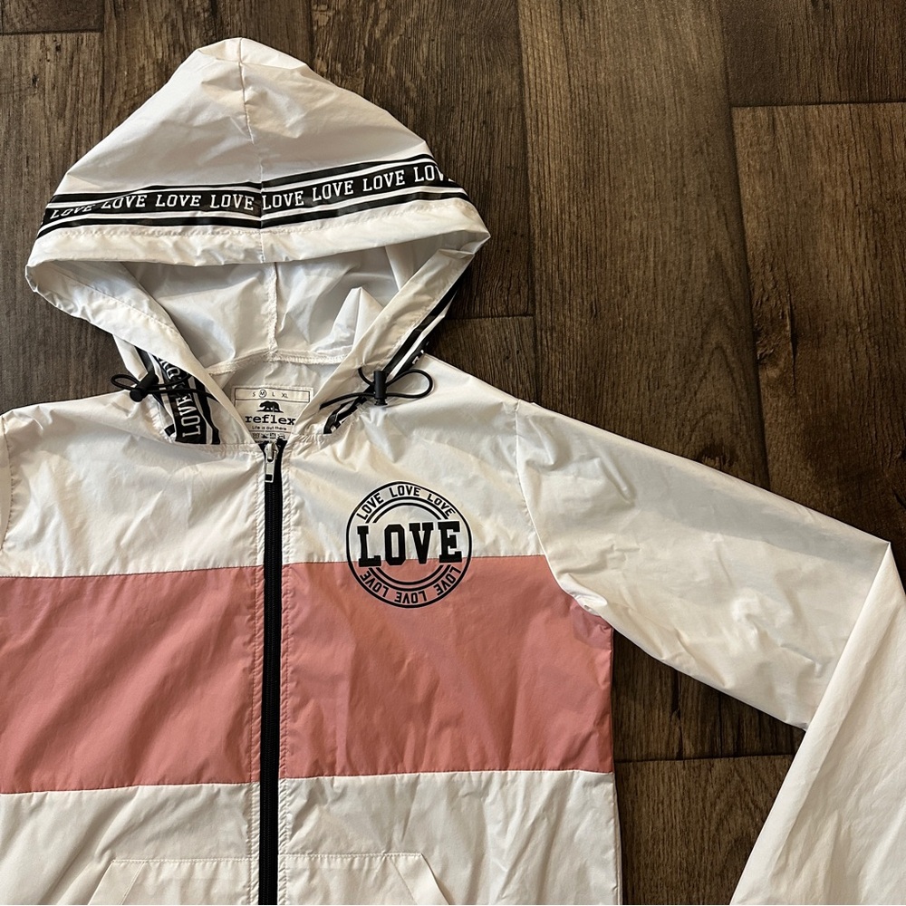 Reflex Windbreaker Shell Hooded Nylon Love Jacket Size M Pink/white